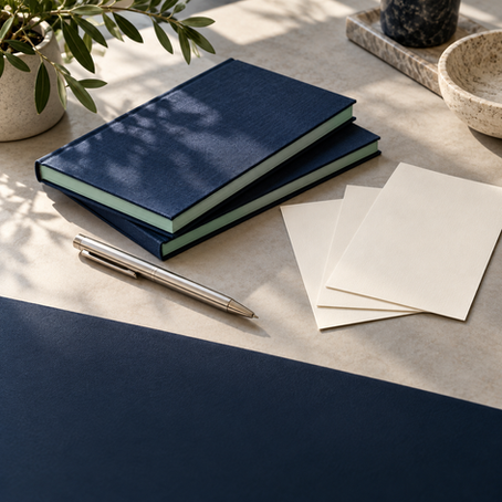 Navy notebooks, proposal cards, and a silver pen on a meeting table.