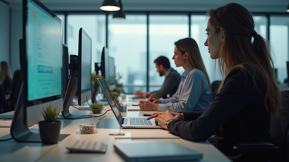 Eye-level view of casino marketing team collaborating in a modern office