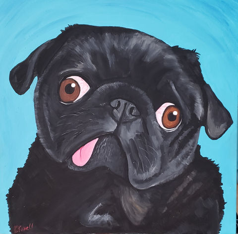 A cross eyed pug painting.