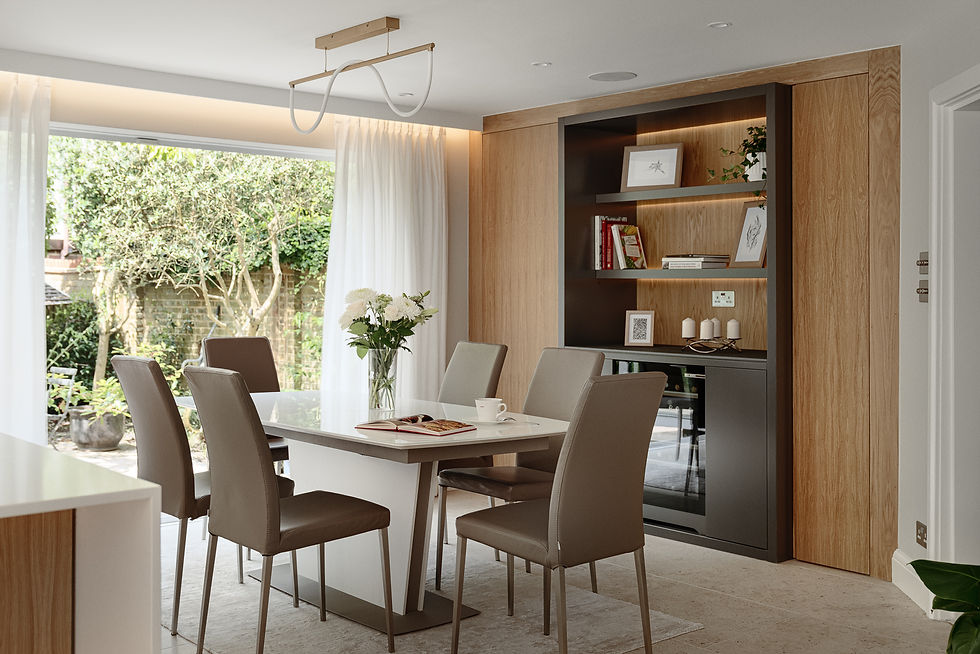 Wide angle view of a cosy lounge with linen sofas and swivel chairs