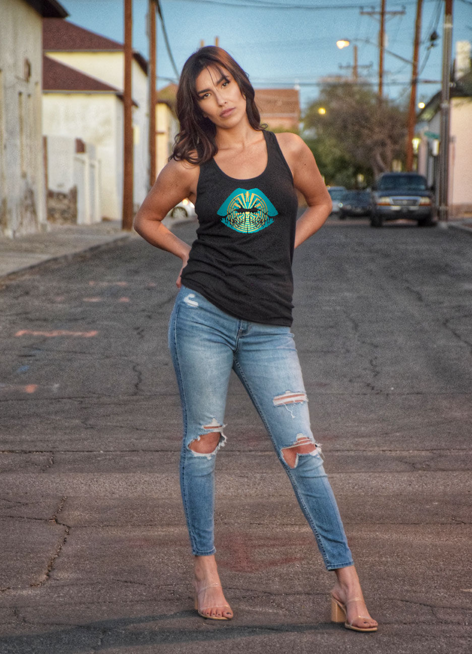 Thumbnail: Turquoise  and Gold Man in the Maze Lips Racerback Tank