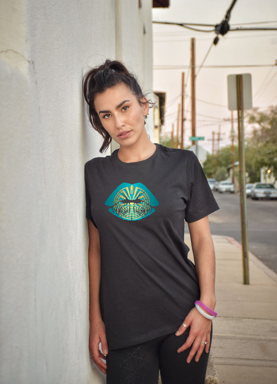 Thumbnail: Turquoise and Gold Man in the Maze lips BlackT-Shirt
