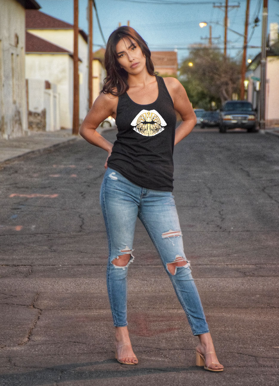 Thumbnail: White and Gold Man in the Maze Lips Racerback Tank