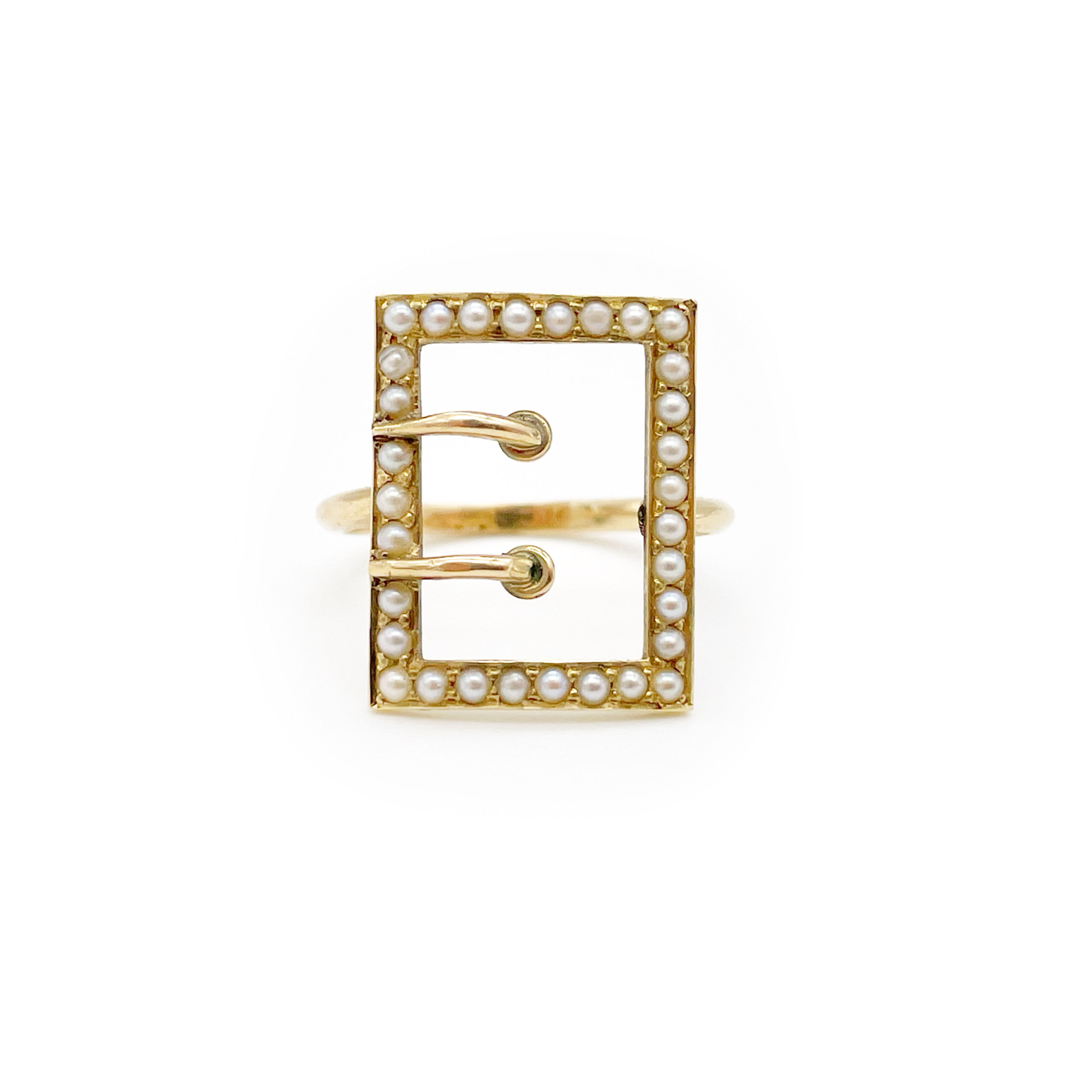 Victorian seed pearl and gold buckle ring front view