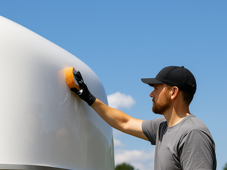 guy washing a ceramic coated travel trailer