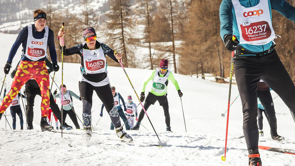 skate skiers during the Engadin Ski Marathon 2026 skiing up a hill toward the end of the race, nearing S-Chanf. 
