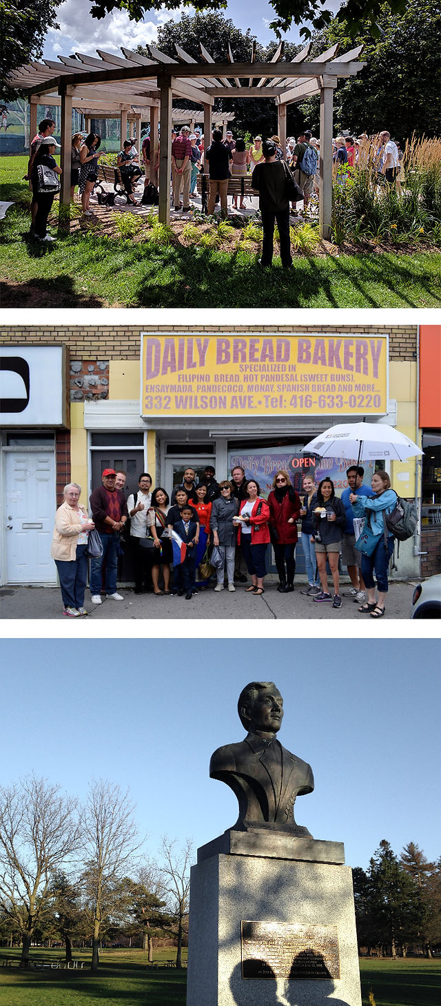 Mabuhay Garden in the parkette on the south-east of Bathurst and Wilson Middle:  2018 Little Manila Jane’s Walk participants get to know Daily Bread Bakery and  owner Ate Judy. She's been baking since she was 15 and has become a staple in the community.  Bottom:  A bust of Filipino national hero Jose Rizal in North York’s Earl Bales Park