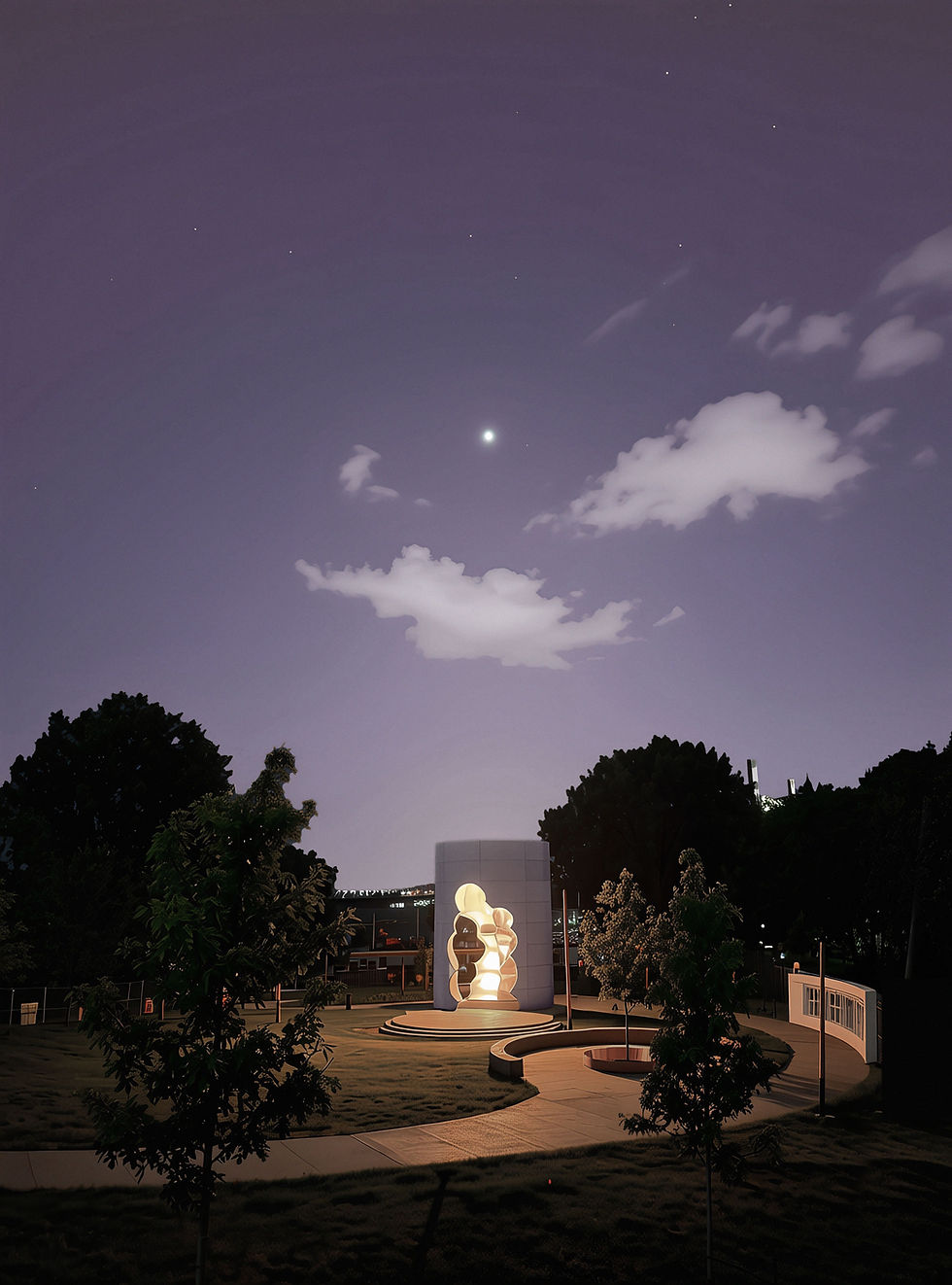 Architectural rendering of the Thunderhead monument in Ottawa, featuring a massive column surrounding a glowing thunderhead cloud shape within a landscaped park.