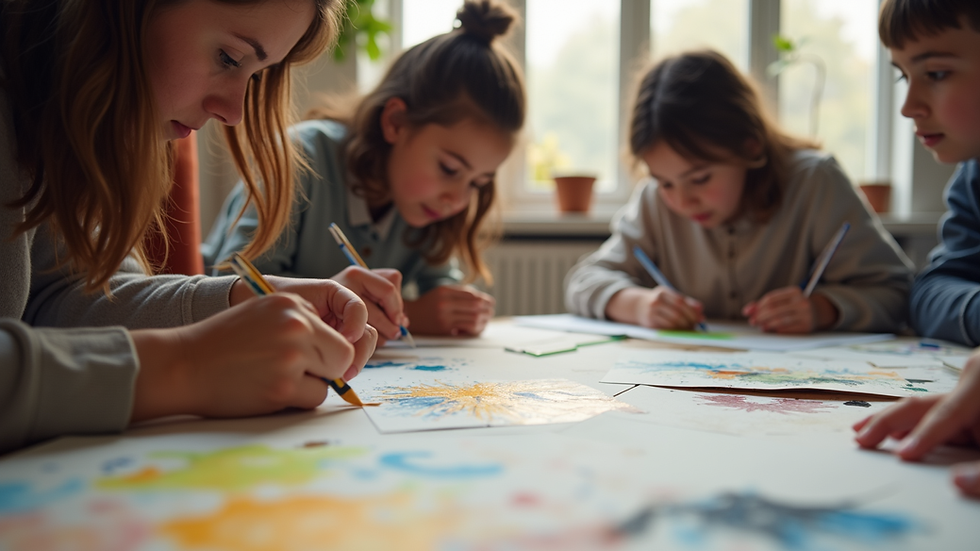 Eye-level view of a community art workshop with diverse participants creating artwork