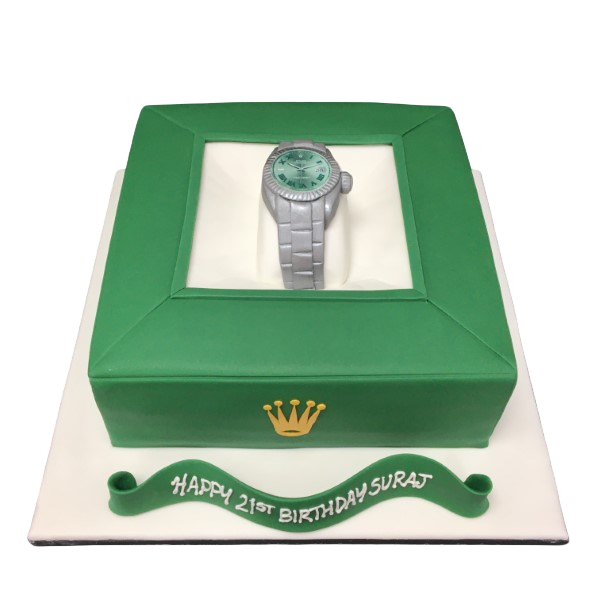 Luxurious Rolex watch cake in a box design. Perfect for watch enthusiasts and special occasions. Handcrafted with precision and attention to detail.