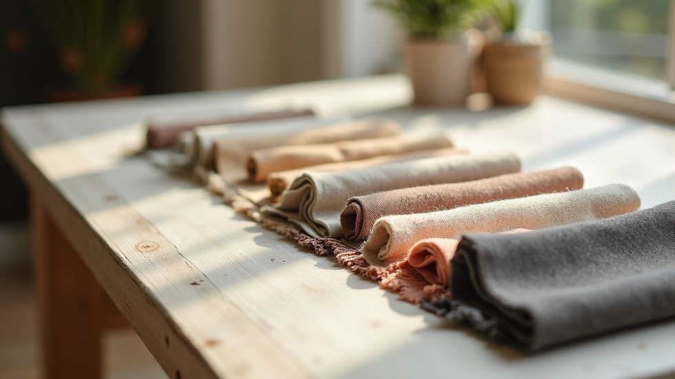 Close-up view of sustainable fabric samples arranged neatly on a table