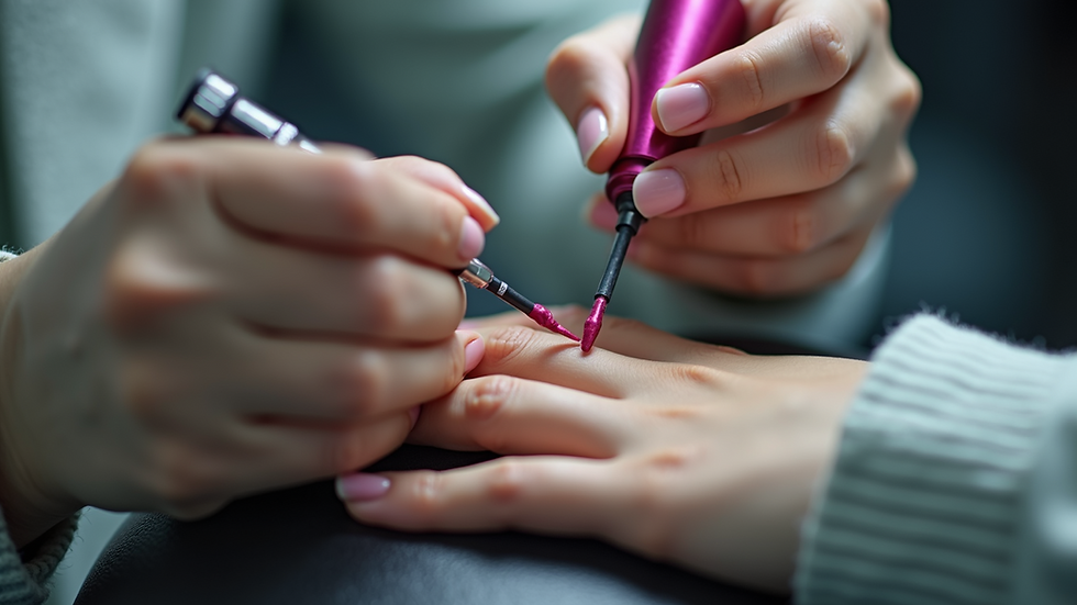 Close-up view of a nail technician applying gel polish on fingernails