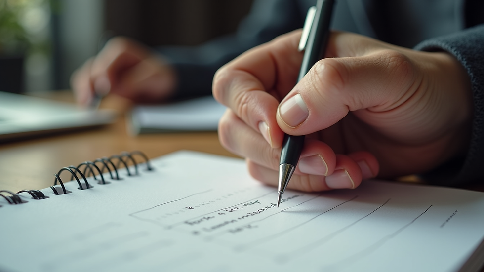 Plano detalle de manos escribiendo en un cuaderno con diccionario y computadora portátil al fondo