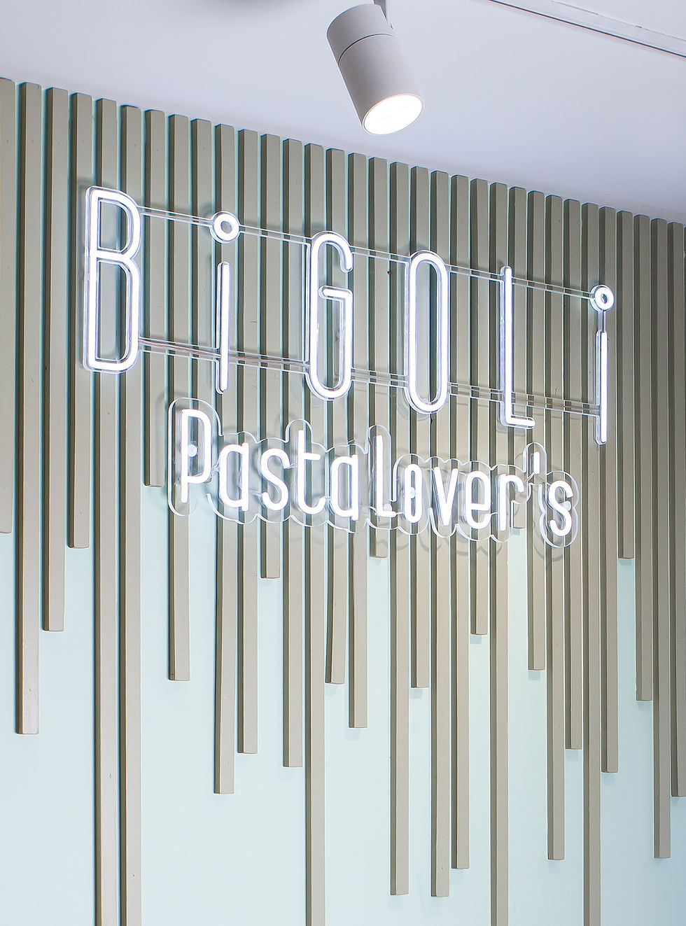 BIGOLI Fresh Pasta neon wall sign with the slogan Pasta Lover’s inside the London restaurant