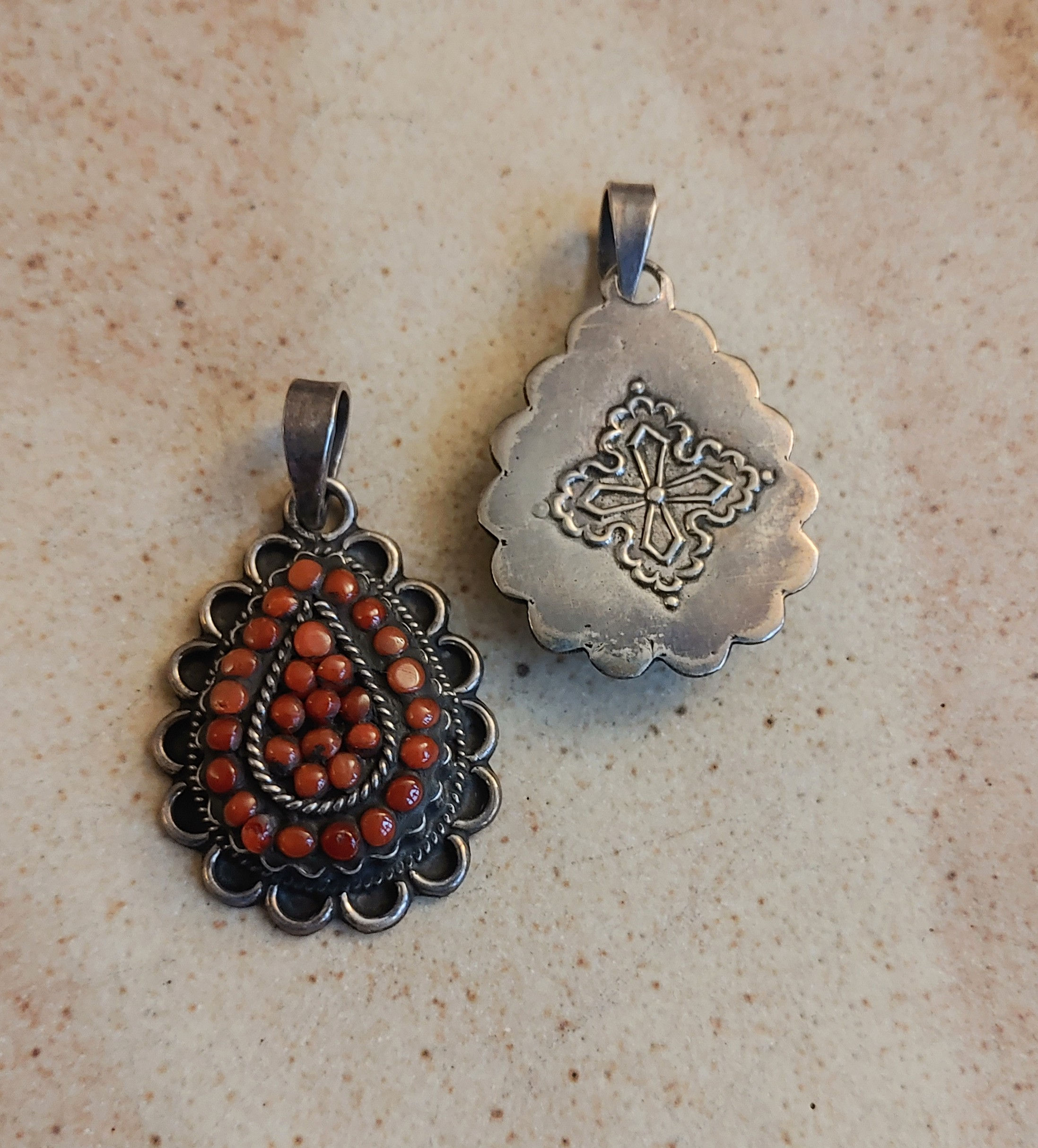 Nepali silver and coral drop pendants