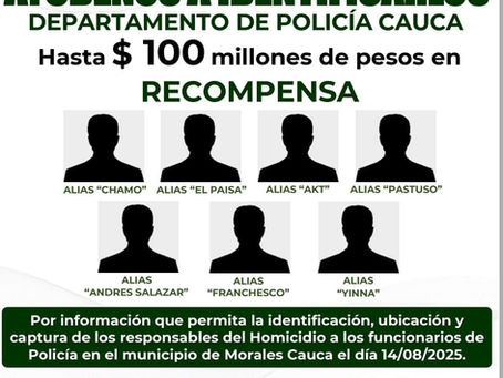 Ofrecen hasta $100 millones por información sobre responsables del homicidio de dos policías en Morales, Cauca