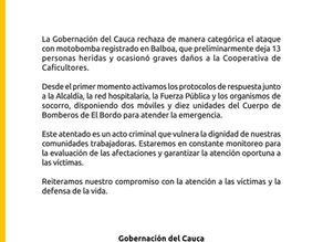 Gobernació del Cauca rechazó atentado con motobomba al sur del Departamento