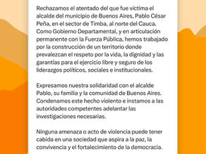 Gobernación del Cauca rechaza atentado contra el alcalde de Buenos Aires