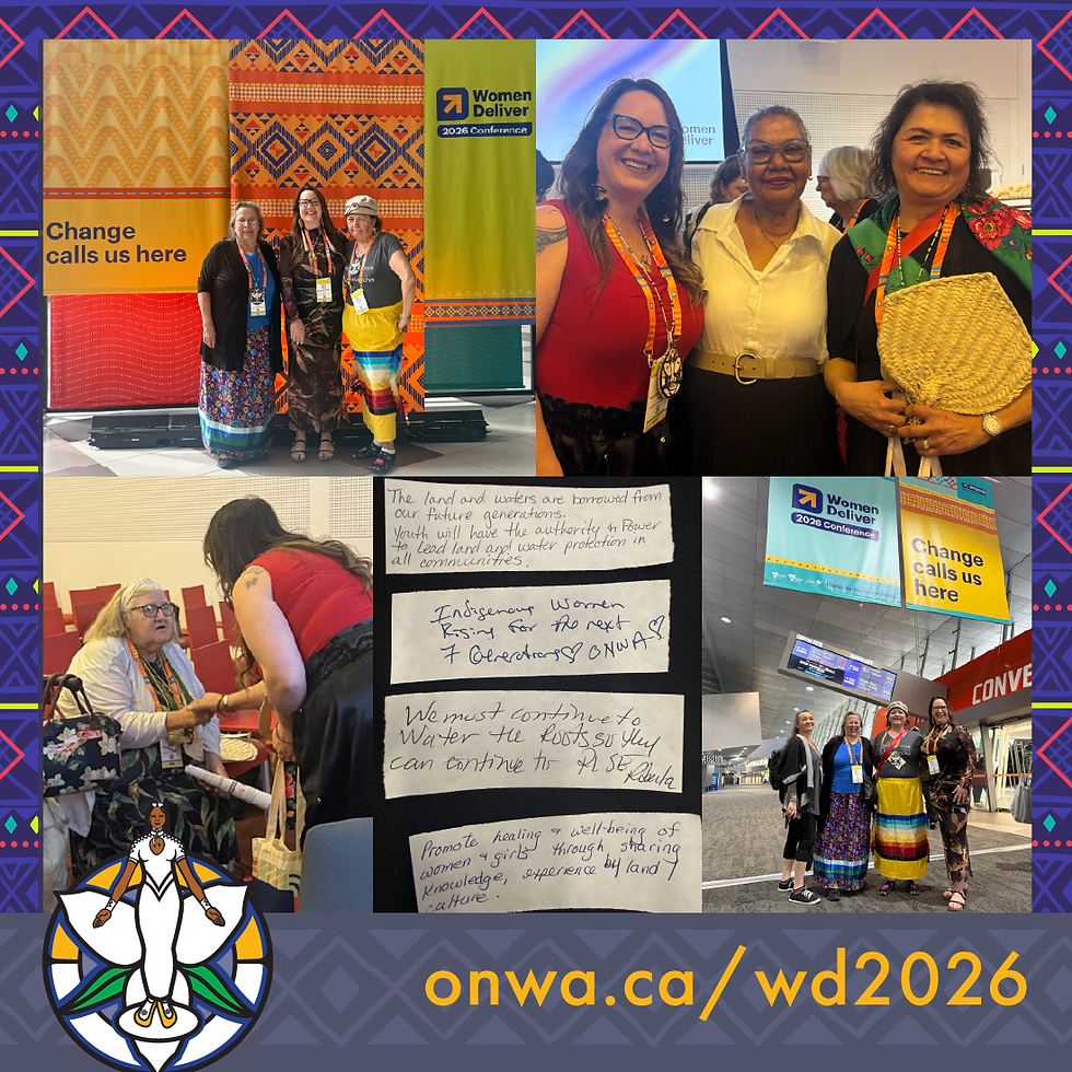 Left to right - Top right: Melinda Commanda, ONWA, President; Cora McGuire-Cyrette, ONWA, CEO; Roberta Wesley, ONWA, Board of Directors. Top left: Cora McGuire-Cyrette, ONWA, CEO; Dr June Oscar, AO Founder and Chair, Wiyi Yani U Thangani Institute for First Nations Gender Justice; Roberta Wesley, ONWA, Board of Directors. Bottom right: Aunty Di Kerr, Wurundjeri Woi-wurrung Elder; Cora McGuire-Cyrette, ONWA, CEO. Bottom left: Mandy Tait-Martens, ONWA, Director of Community Services; Melinda Commanda, ONWA, President; Roberta Wesley, ONWA, Board of Directors; Cora McGuire-Cyrette, ONWA, CEO.