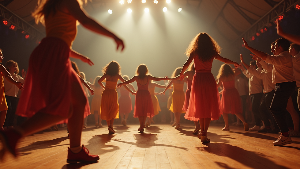 Wide angle view of a lively line dance competition