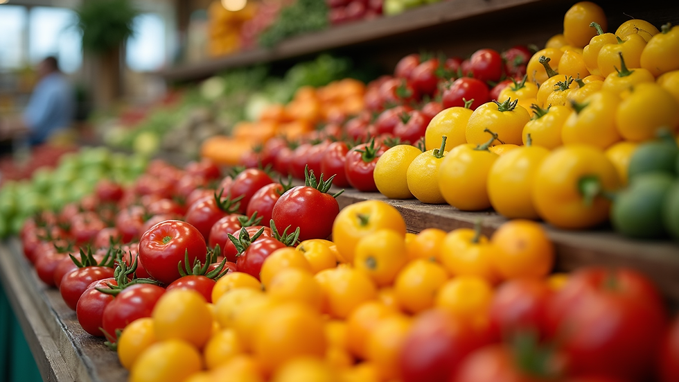 Eye-level view of a colorful fruit and vegetable display