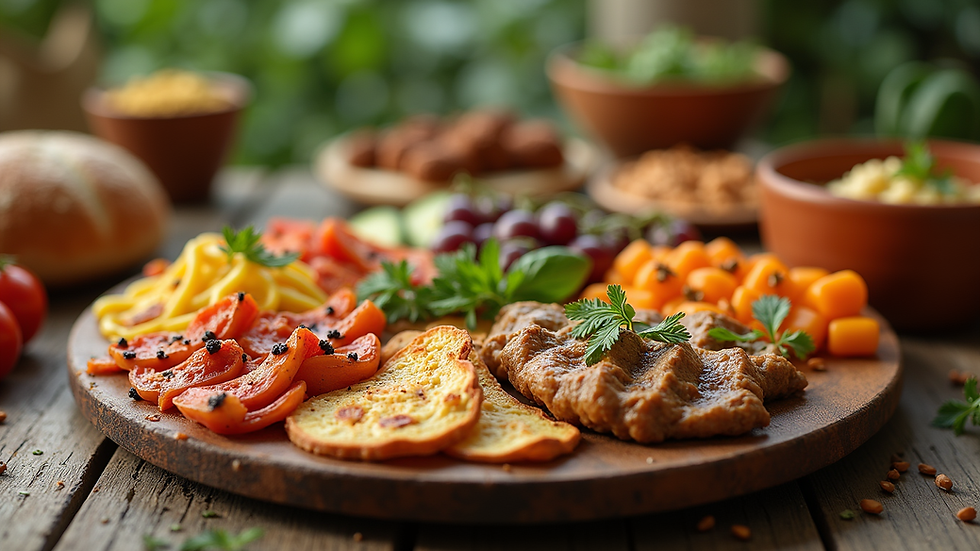 Eye-level view of a colorful Mediterranean food spread on a rustic wooden table