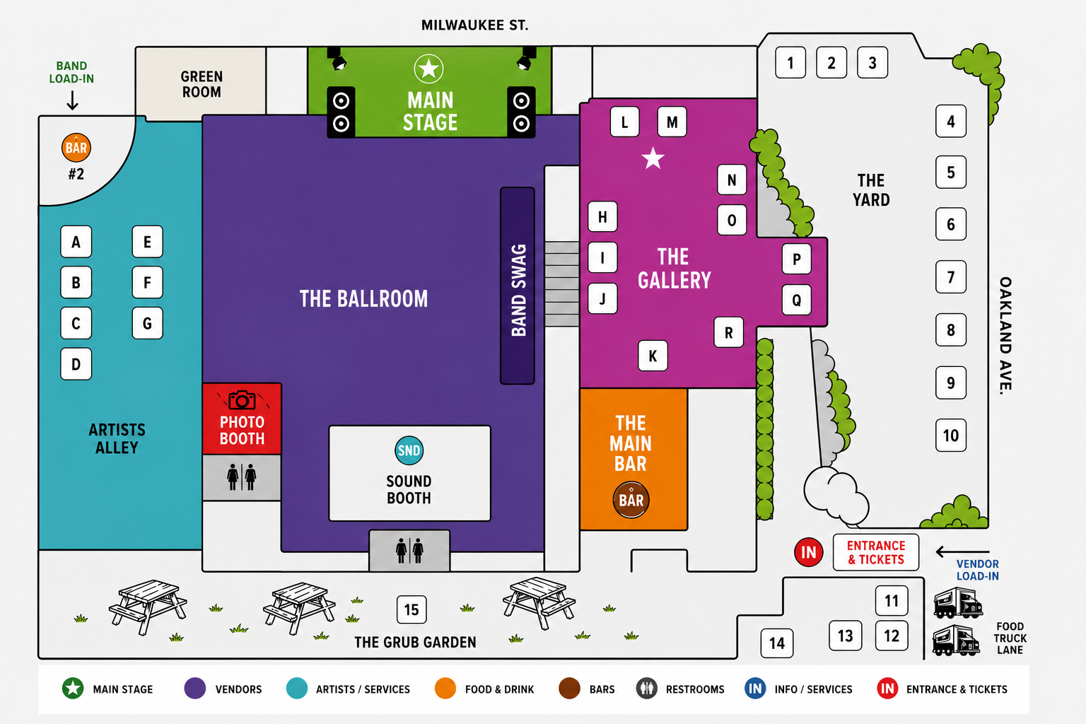Crew Fest 2026 event map showing the Main Stage, Ballroom, Gallery, Artist Alley, Yard, vendors, bars, bathrooms, entrance and food truck area.