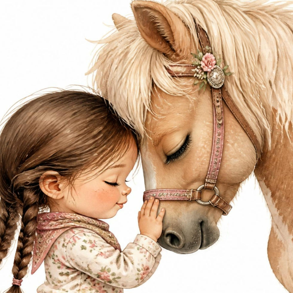 Thumbnail: Framed watercolor print of a girl in cowgirl boots kissing a horse's nose in a flower field