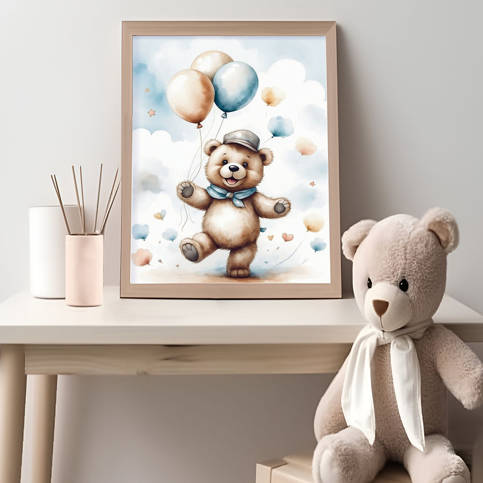 Thumbnail: cute teddy bear holding blue and white balloons, floating in soft sky with clouds and sparkles, pastel watercolor teddy bear 