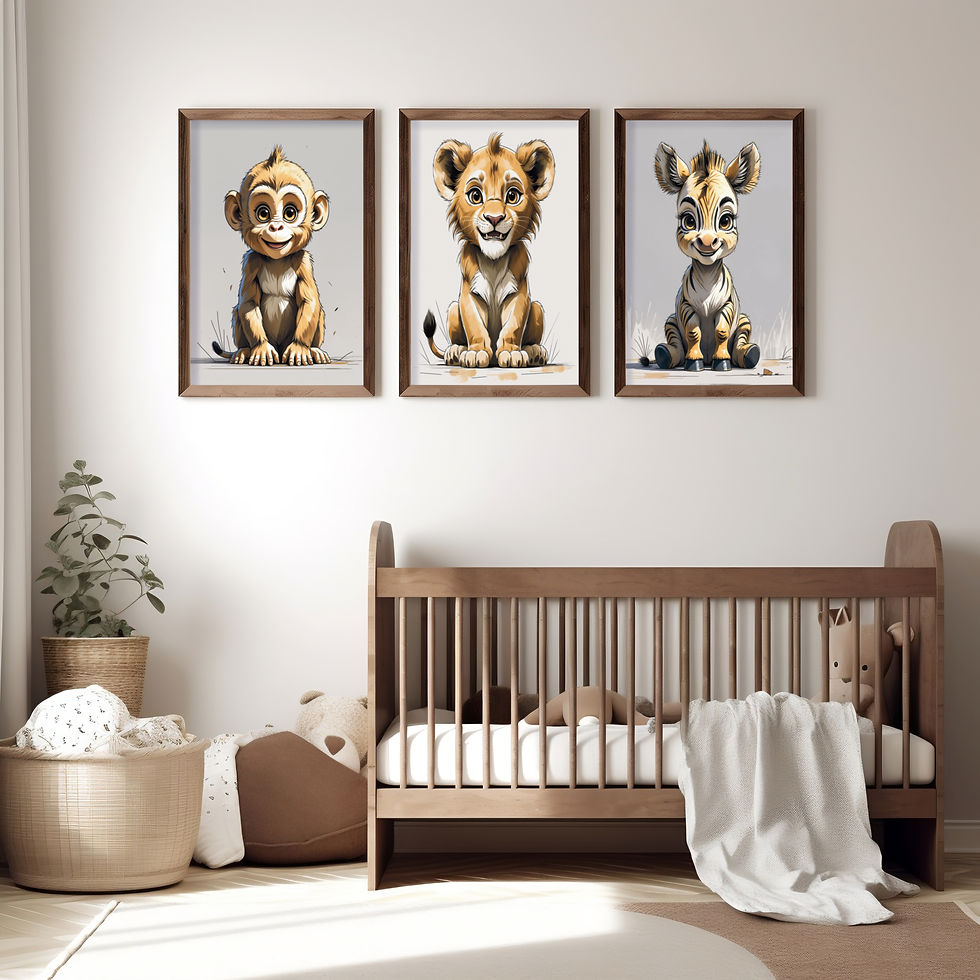 cute baby monkey, lion cub and zebra sitting in soft floral field, gentle watercolor safari nursery art set of 3 in beige ton