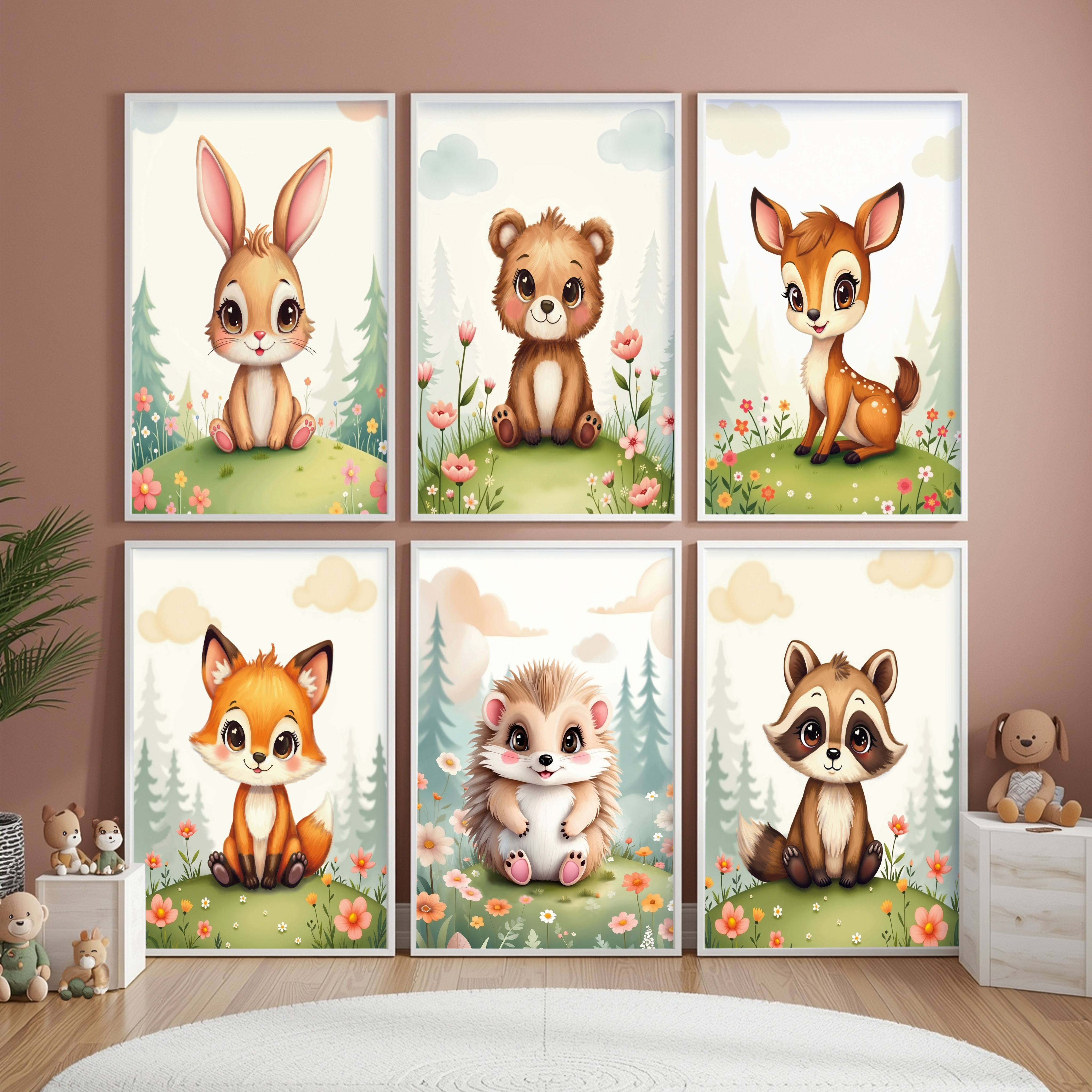 set of 6 cute baby woodland animals in soft watercolor style, gentle forest nursery wall art collection