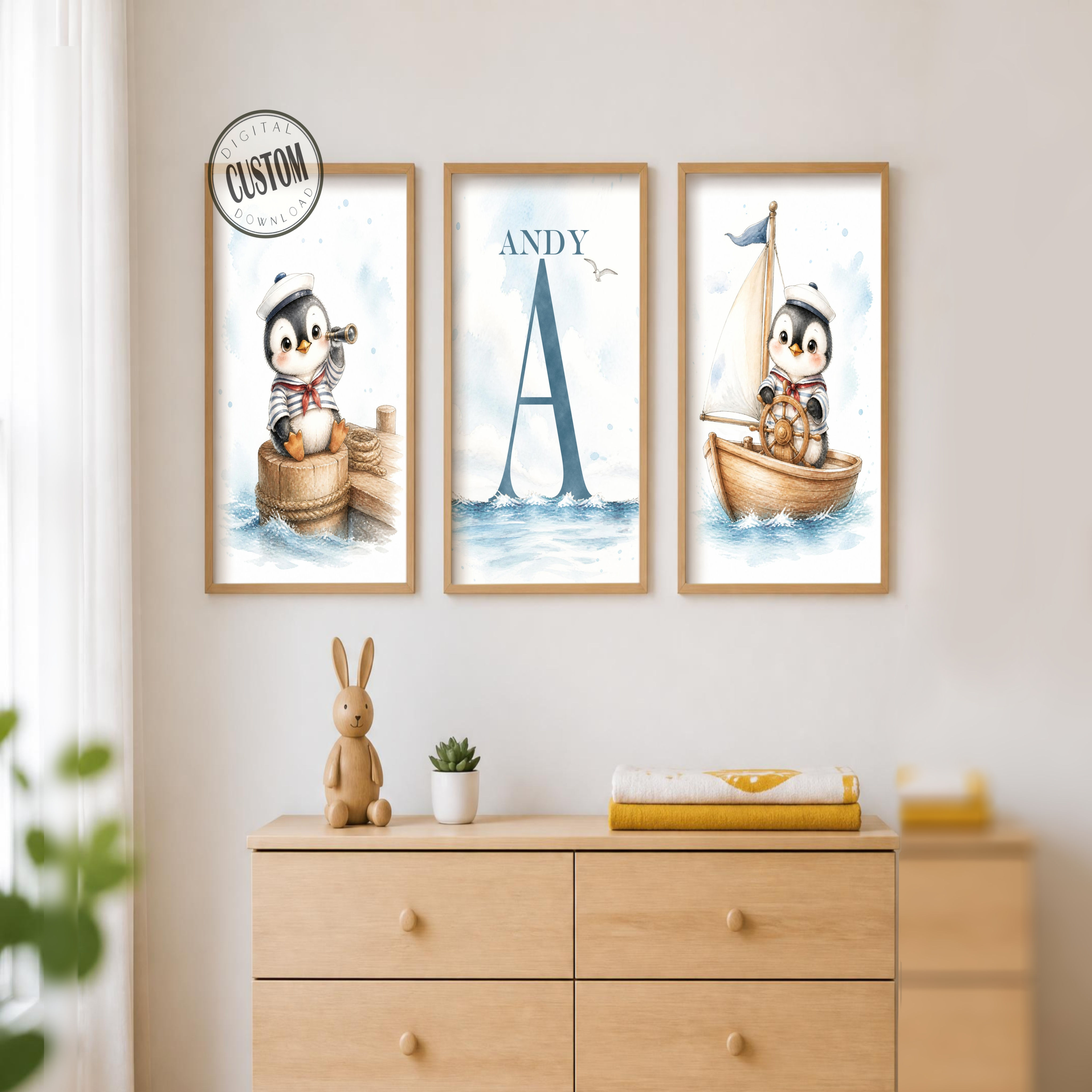 Custom penguin sailor nautical nursery print set of 3 in light wood frames, baby boy name and initial wall art