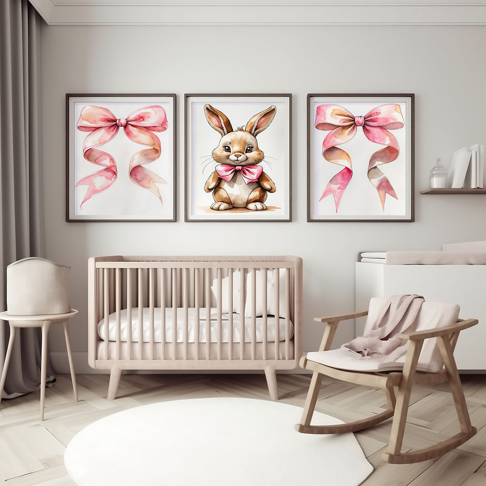 Thumbnail: cute plush bunny with pink bow in centre, flanked by two large flowing pink watercolor ribbons, soft nursery wall art set of 