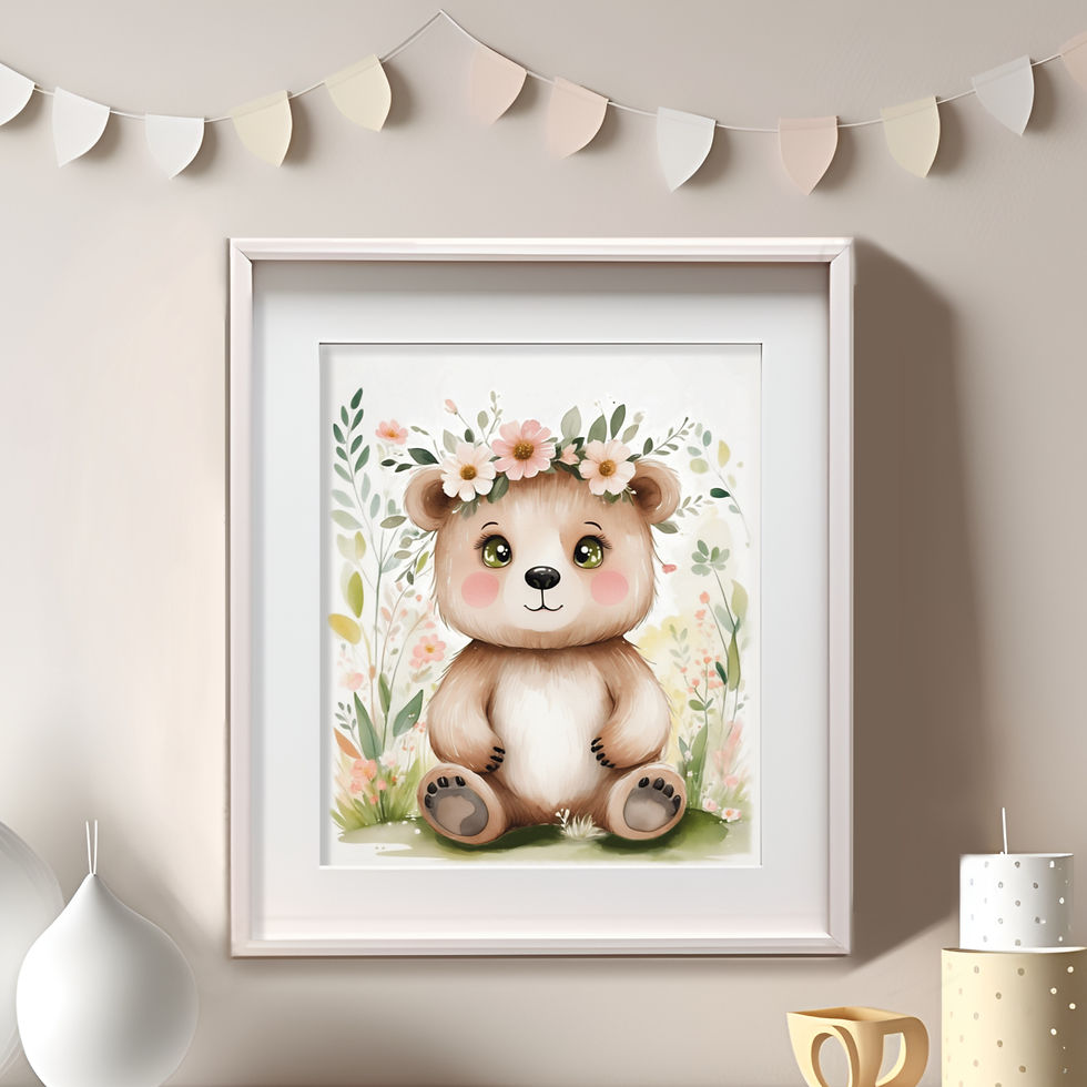 Thumbnail: sweet baby bear wearing a delicate flower crown in gentle watercolor style, calm woodland nursery art