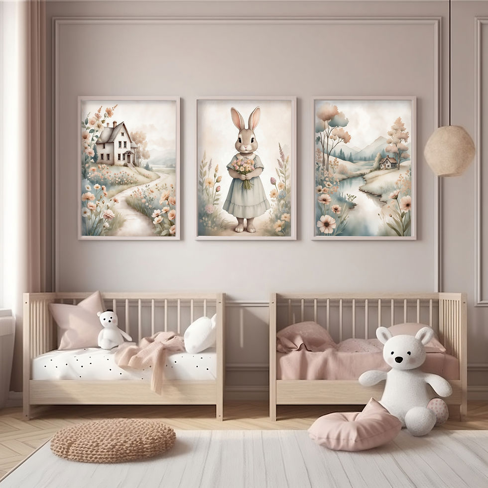Three framed vintage watercolor illustrations hanging on a beige nursery wall showing a bunny, cottage and river landscape