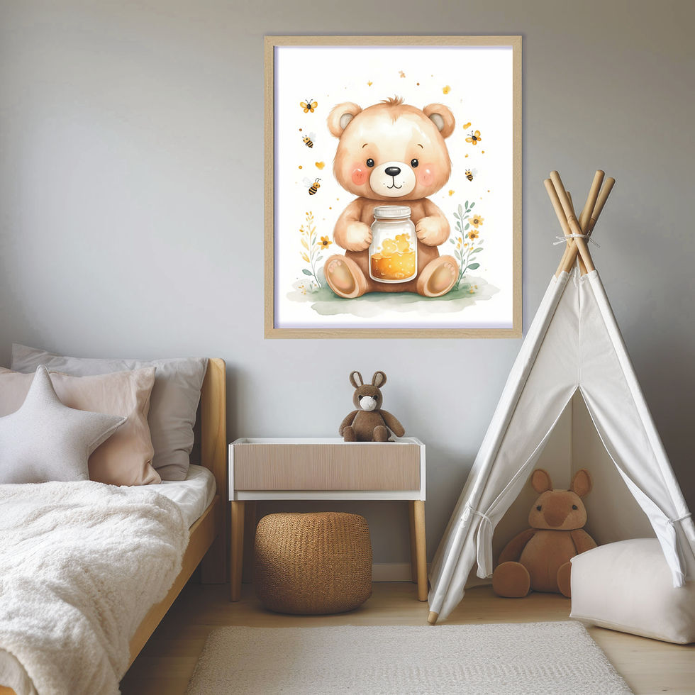 cute teddy bear sitting with a pot of honey in soft gentle tones, sweet watercolor nursery wall art print