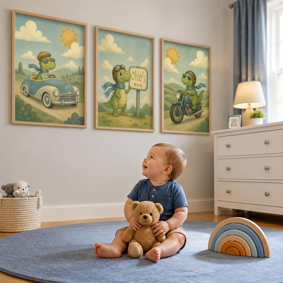 Thumbnail: Set of 3 framed nursery prints: dinosaurs in a vintage car, custom name sign, and motorcycle for a boy's room