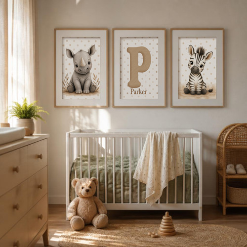 Custom Safari Name & Initial Set, Rhino Zebra Nursery, Neutral