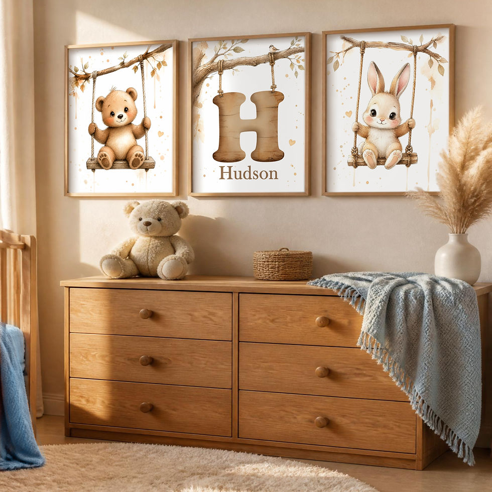 Thumbnail: Framed teddy bear, custom name initial, and bunny swing prints in gender neutral nursery