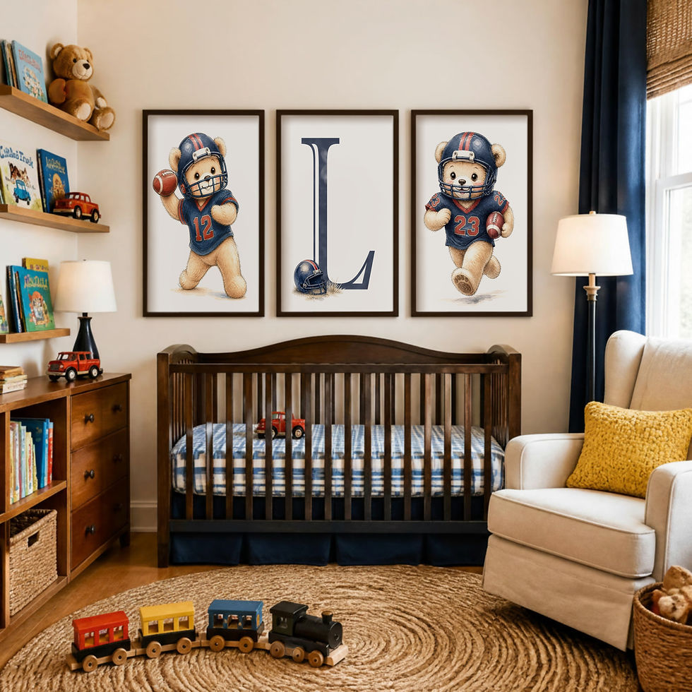 Thumbnail: Framed custom football teddy bear nursery prints with initial letter, set of 3, boy bedroom wall art