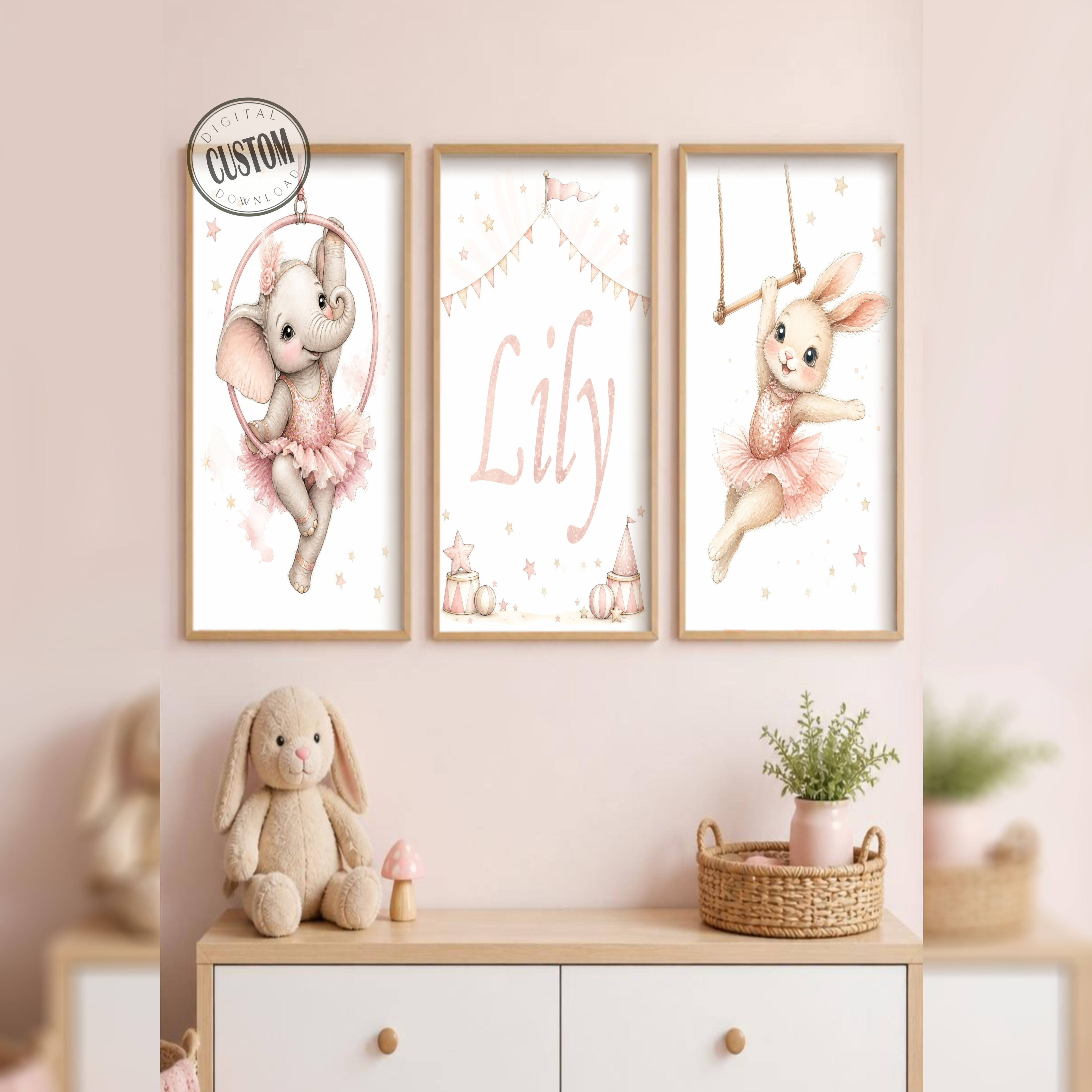 Custom name circus nursery print set, pink watercolor elephant and bunny wall art in wood frames