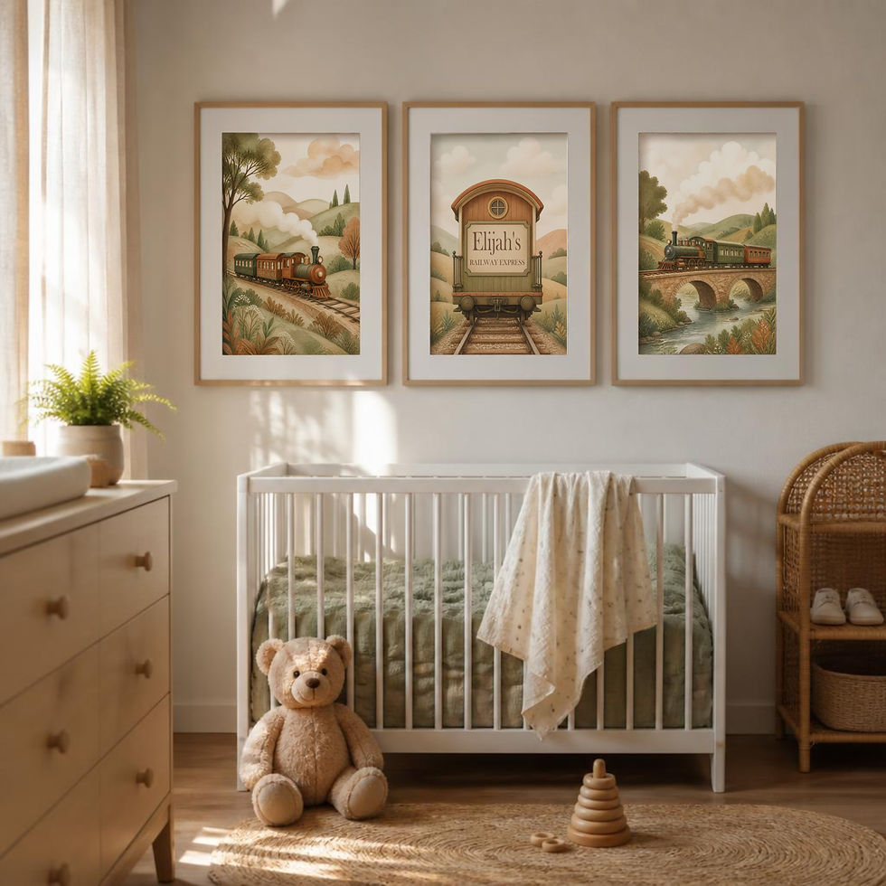 Thumbnail: Personalized custom name steam train wall art set of 3 in wooden frames above boy's nursery