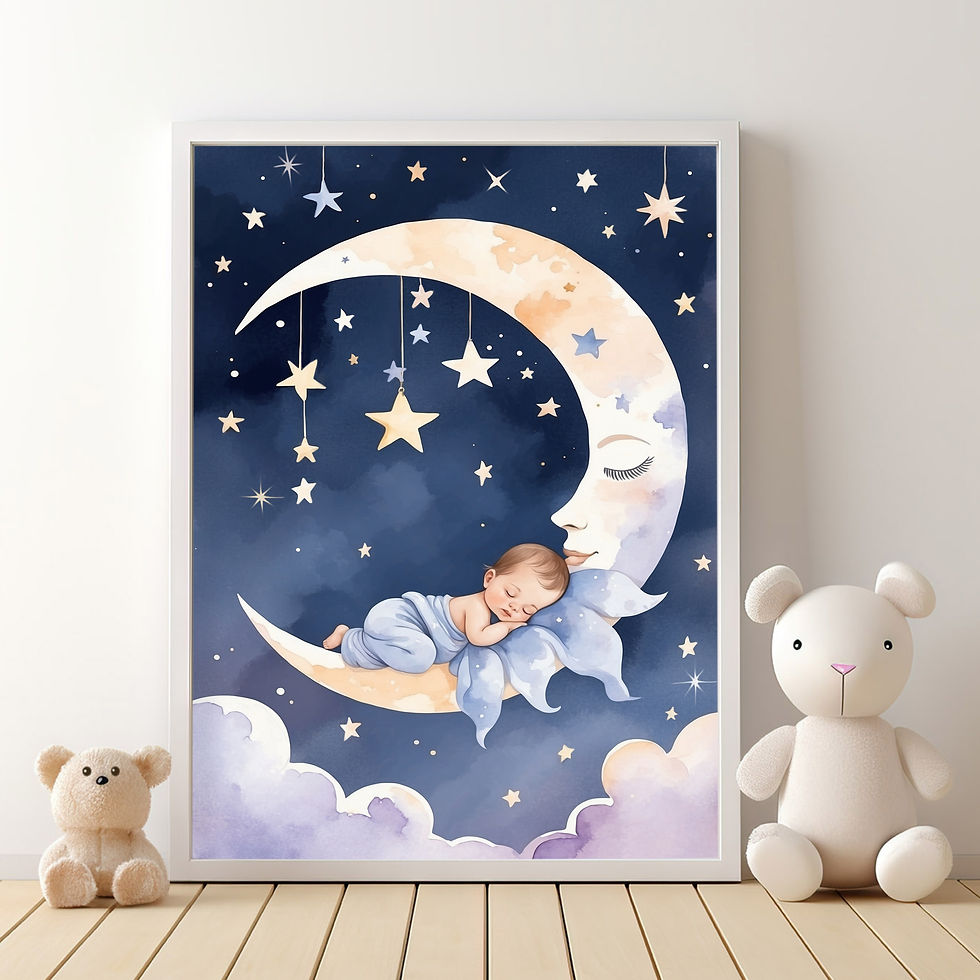 Thumbnail: adorable sleeping baby nestled on crescent moon with stars, peaceful watercolor nursery print