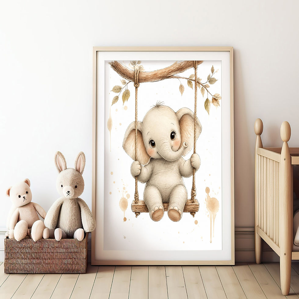 Thumbnail: Watercolour baby elephant on a rope swing under a tree branch, framed print, warm neutral nursery tones.
