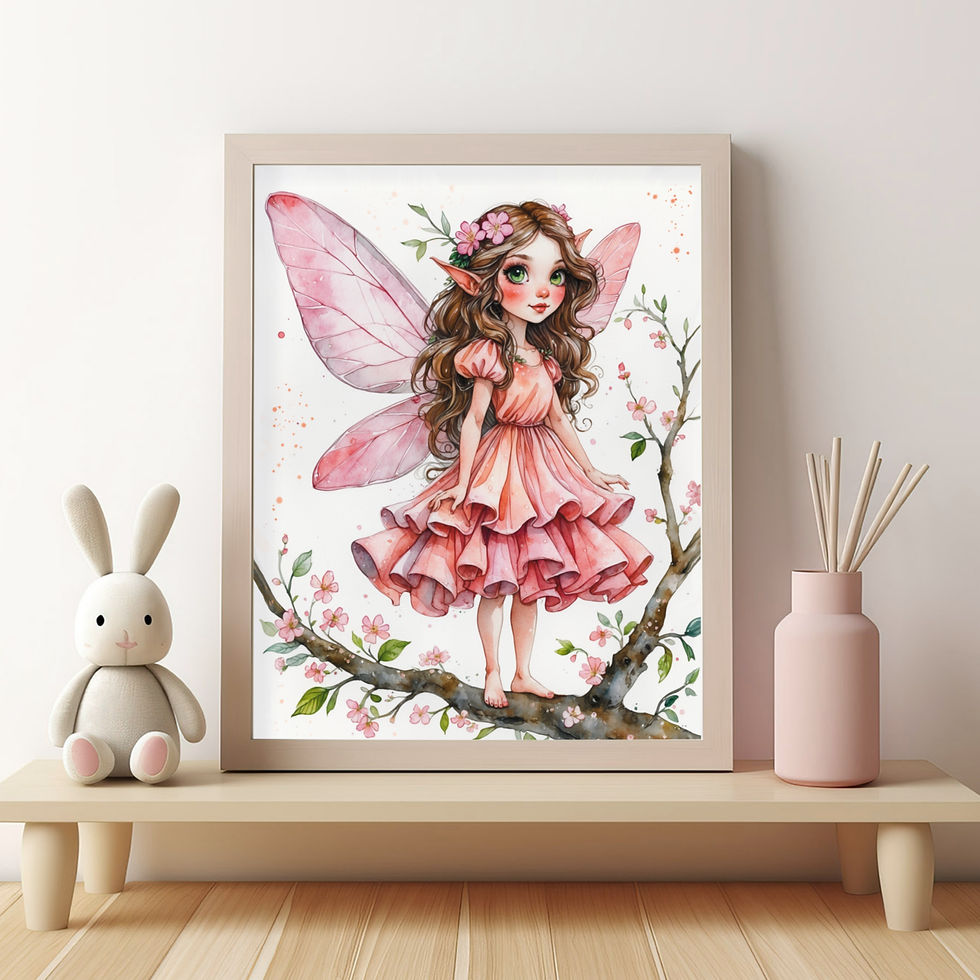 Thumbnail: fairy girls with large pink wings and flower crown sitting on branch, flanked by enchanted garden with cherry blossoms
