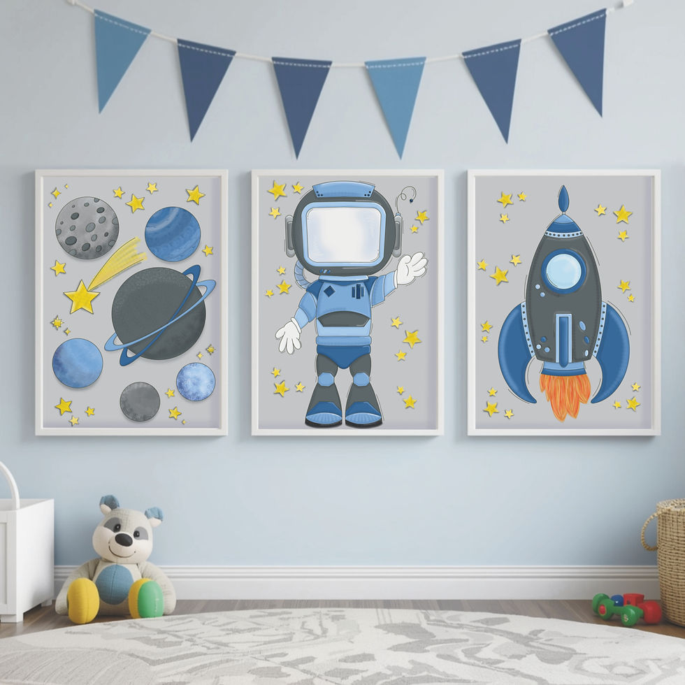 printable nursery wall art set of 3 featuring an astronaut rocket and planets in shades of blue and greys