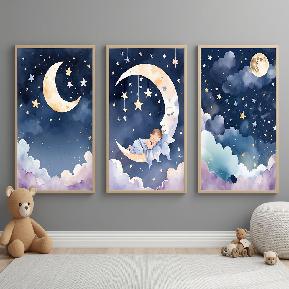 Thumbnail: cute sleeping baby on crescent moon with twinkling stars and soft blue clouds, dreamy watercolor celestial nursery art set of