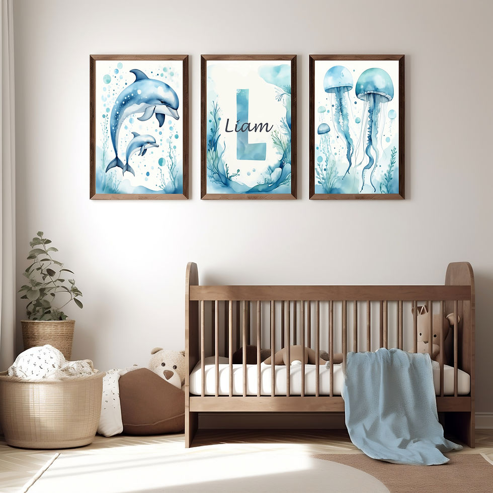 Thumbnail: Three framed ocean-themed watercolor prints arranged in two rows on a light blue nursery wall, including personalised initial