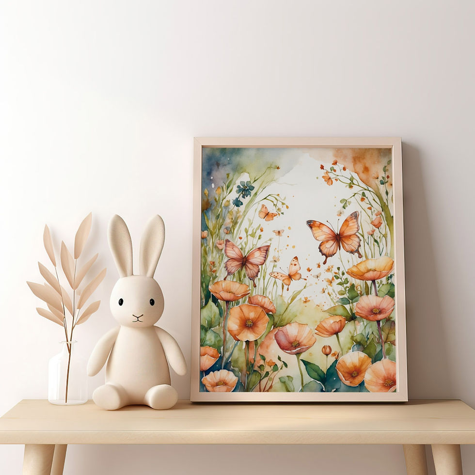 Thumbnail: beautiful field of wildflowers and butterflies in gentle watercolour style, whimsical enchanted nursery art
