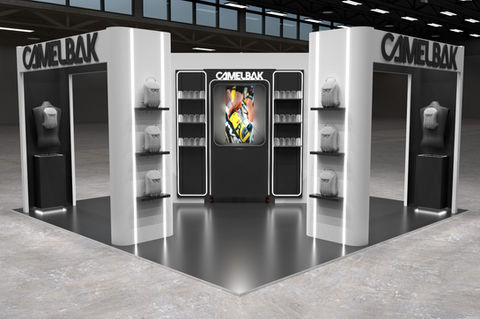 CamelBak Booth Design, 20x20 Retail Exhibit Rendering, Premium Product Merchandising Design, ACED Studios portfolio.
